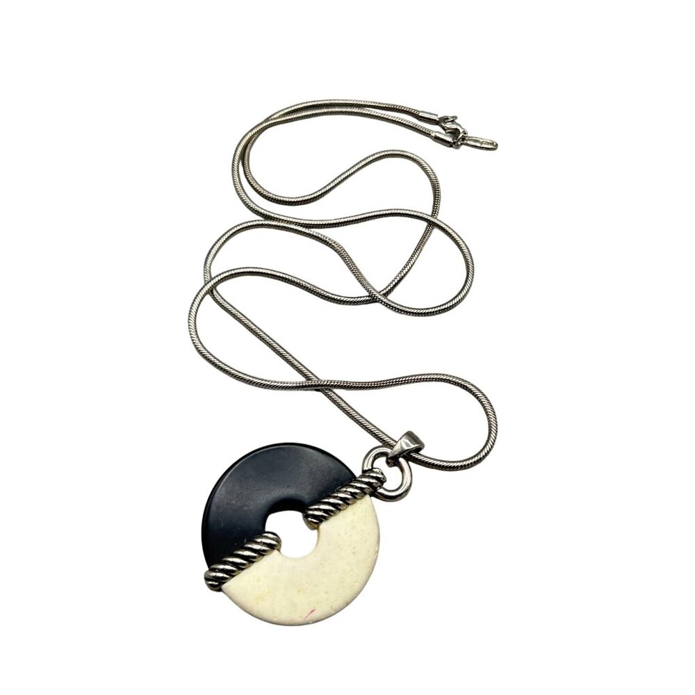 Vintage Signed David Grau Necklace Black and Off White with Silver Tone Chain